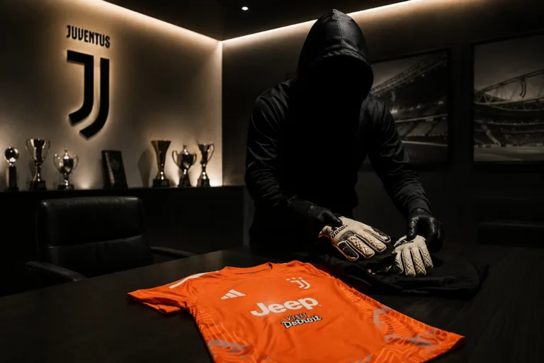 Portiere della Juventus con guantoni esamina la maglia arancione Jeep nello spogliatoio tra i trofei