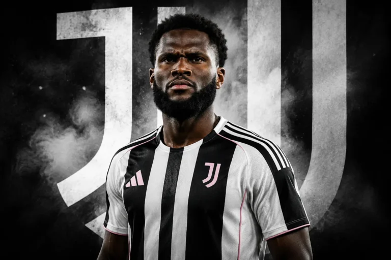 Kessié ritratto in maglia Juventus, primo piano con stemma bianconero e logo Adidas