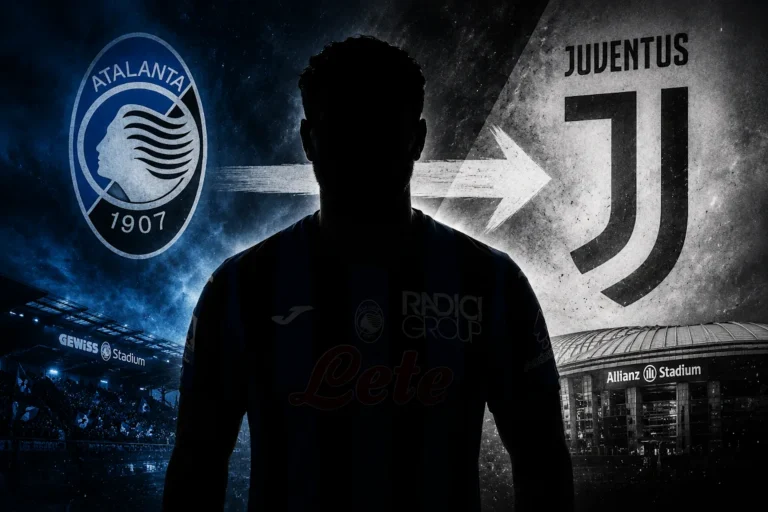 Sead Kolasinac in silhouette con i loghi di Atalanta e Juventus, freccia di trasferimento tra i due club