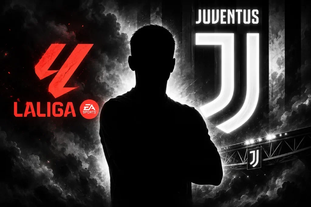Silhouette di giocatore Juventus con loghi LaLiga EA Sports e stemma bianconero, grafica di calciomercato