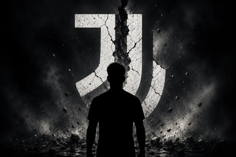 Silhouette di giocatore davanti allo stemma della Juventus in frantumi, simbolo di cessione dal club