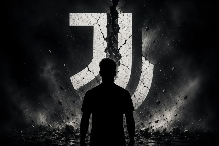 Silhouette di giocatore davanti allo stemma Juventus fratturato, simbolo delle dinamiche di mercato bianconero