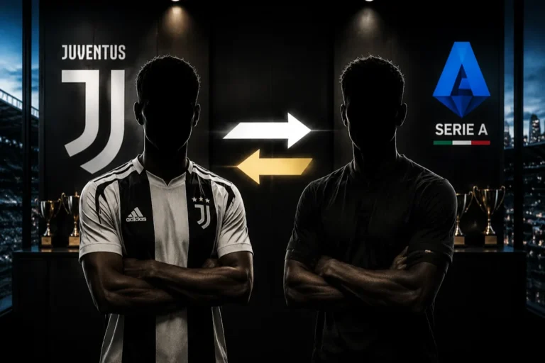 Giocatore della Juventus in maglia Adidas bianconera con braccia incrociate, rappresentazione grafica di scambio o trasferimento in Serie A