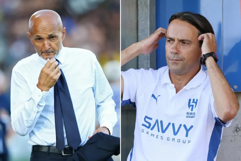 Luciano Spalletti in panchina con la Juventus (sulla sinistra). Simone Inzaghi seduto con divisa dell'Al-Hilal (sulal destra)