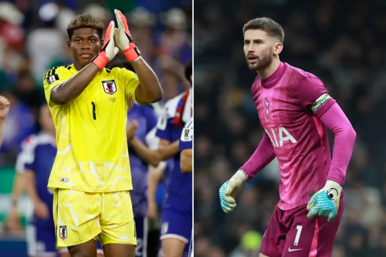 Zion Suzuki portiere Giappone in maglia gialla con guantoli rossi; Guglielmo Vicario portiere Tottenham in maglia rosa