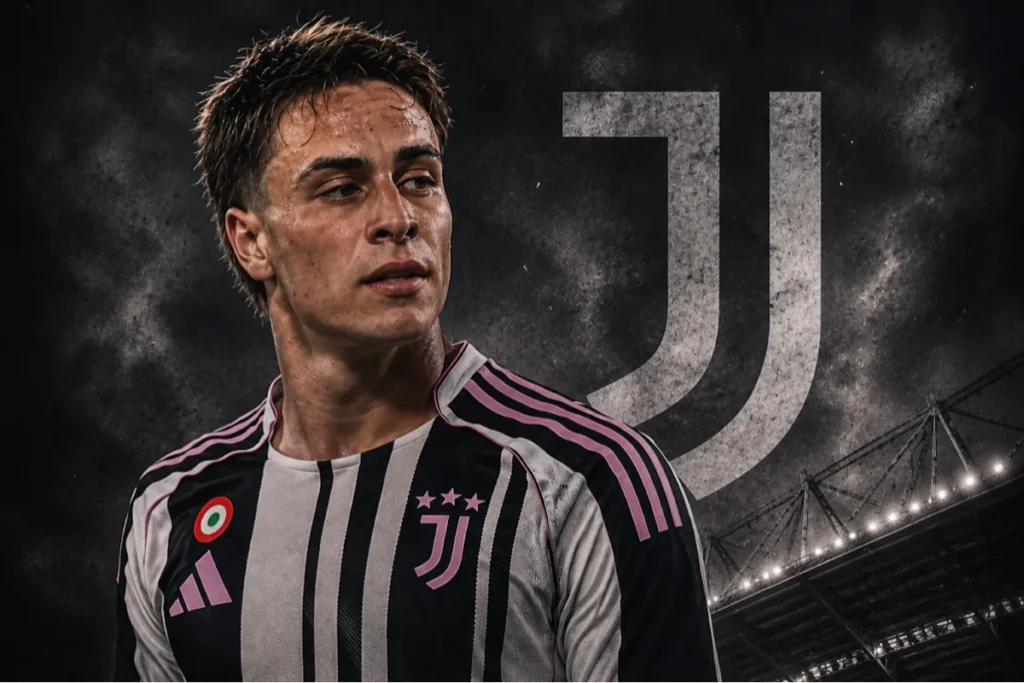 Kenan Yildiz in maglia Juventus bianconera con lo stemma del club sullo sfondo dello stadio