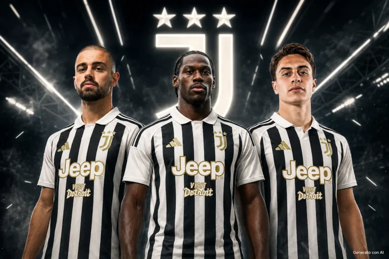 Zhegrova, Yildiz e David in maglia Juventus bianconera con sponsor Jeep
