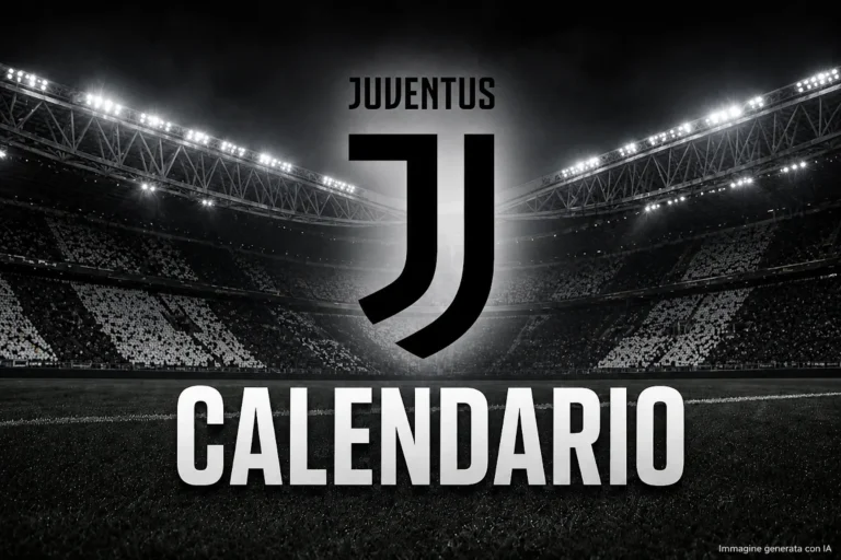 Logo Juventus e scritta Calendario sullo stadio Allianz illuminato, immagine in bianco e nero