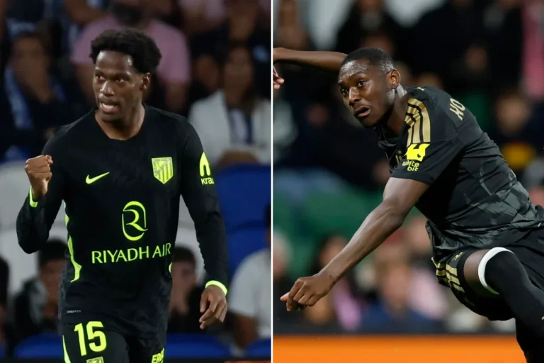 Jonathan David esulta con la maglia dell'Atletico Madrid (sinistra), Kolo Muani in azione con la Juventus (destra)