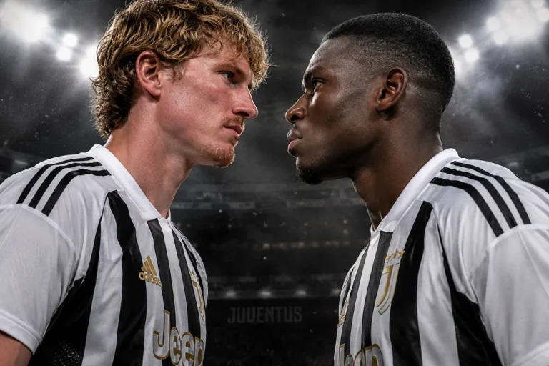 Due giocatori della Juventus in maglia bianconera si confrontano faccia a faccia in uno stadio illuminato