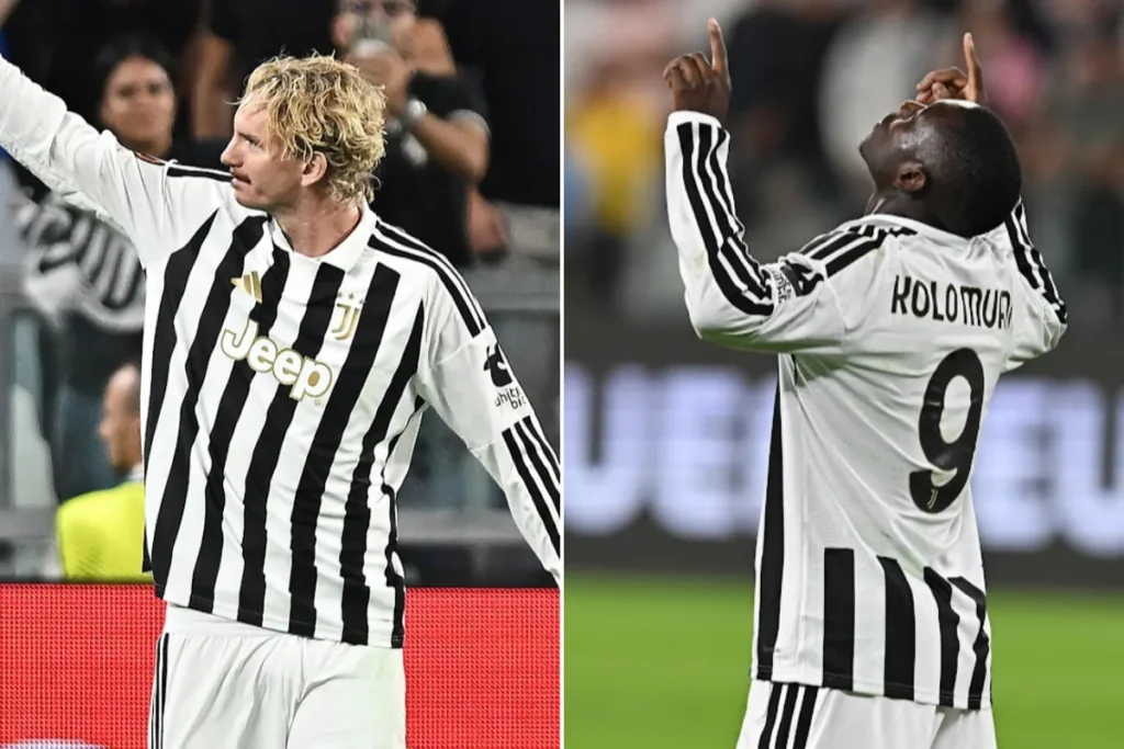 Woltema della Juventus esulta con la maglia bianconera a strisce; a destra il numero 9 KOLO MUANI